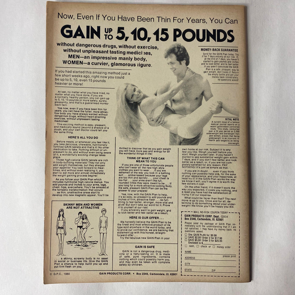 Muscle Up Magazine Spring 1985 Vol 7 No 32 advertisement for gaining weight with safe methods. Detailed description of product benefits and a money-back guarantee, targeting men and women looking to improve their physique.