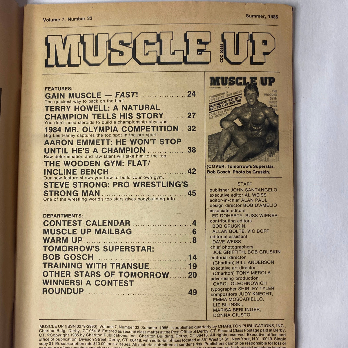 Table of contents from Muscle Up Magazine Summer 1985 Vol 7 No 33 listing features including 'Gain Muscle - Fast!' and profiles of rising stars in bodybuilding.