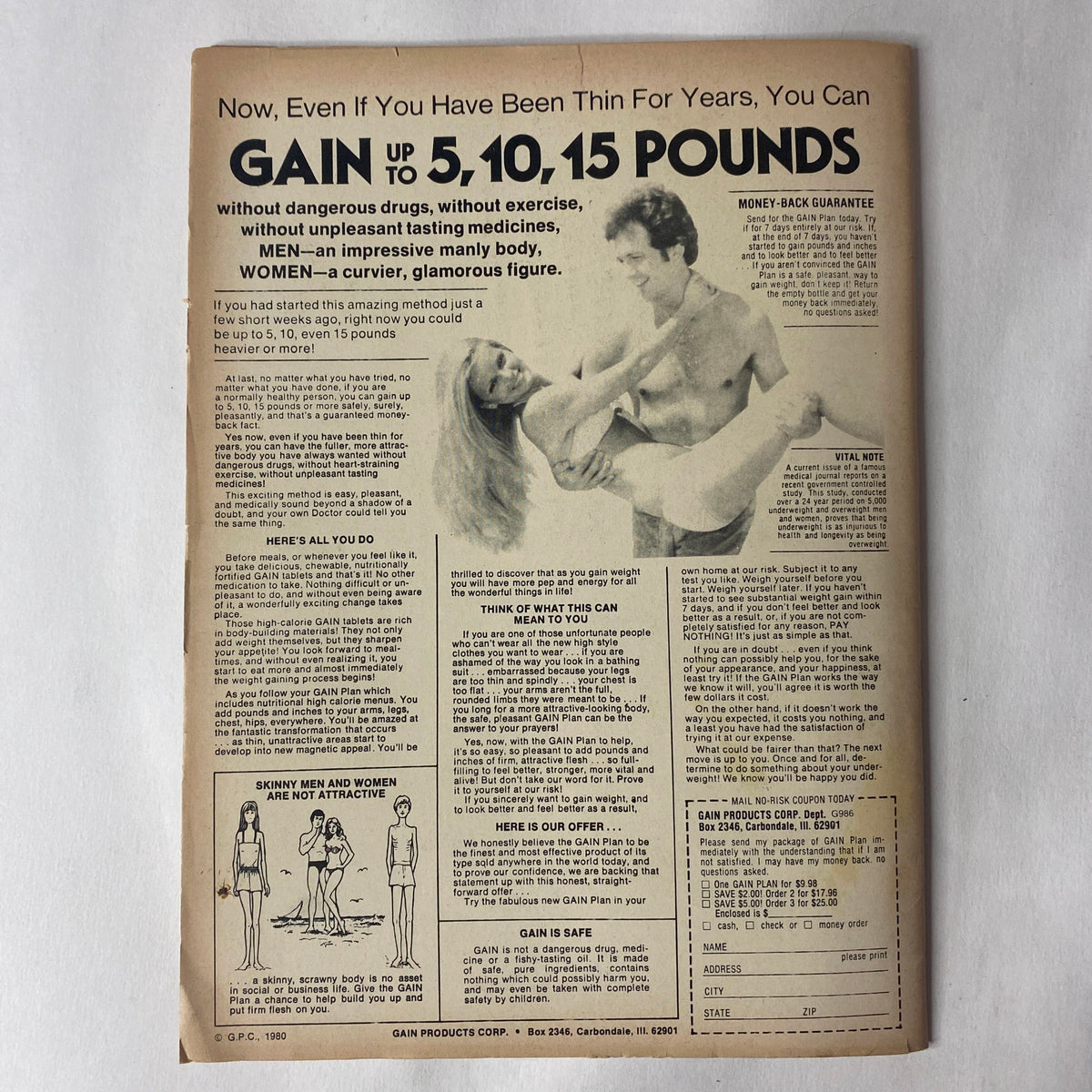 Promotional advertisement from Muscle Up Magazine Summer 1985 Vol 7 No. 33 featuring a body transformation program with tips for individuals to gain weight healthily, emphasizing on the campaign's focus to build a desirable physique without dangerous drugs or exhausting exercise.