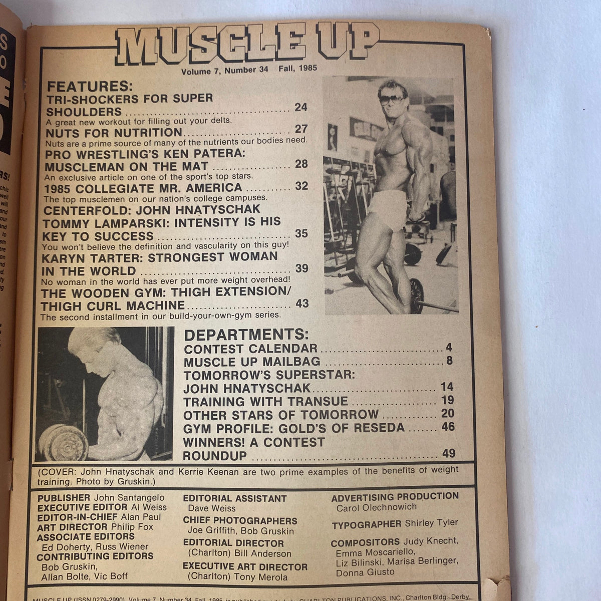 Inside page of Muscle Up Magazine Fall 1985 displaying the table of contents, listing features and departments including John Hnatyschak.
