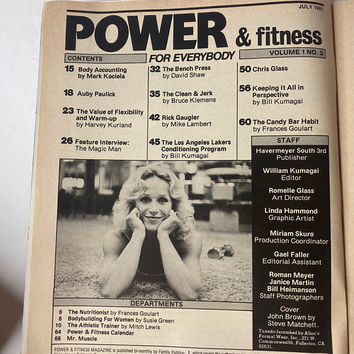 Table of Contents from Power & Fitness for Every Body July 1981 Vol 1 No. 3, detailing articles by various authors on topics like body accounting, the bench press, and conditioning programs, illustrating the magazine's focus on fitness and bodybuilding.