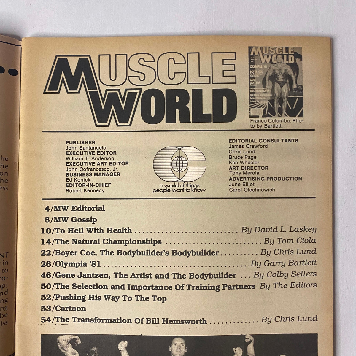 Table of contents from Muscle World Magazine May 1982 Vol. 3 No. 11, listing features such as MW Gossip, profiles of bodybuilders, and training articles.