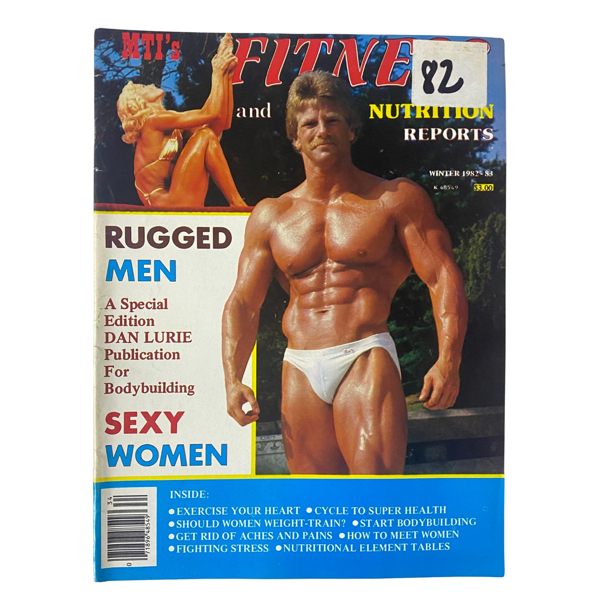 Cover of MTI's Fitness and Nutrition Reports Winter 1982 featuring Andreas Cahling, showcasing bodybuilding and fitness with headlines 'Rugged Men' and 'Sexy Women'.
