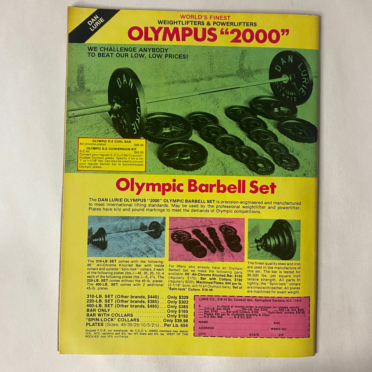 Back cover of Fitness and Nutrition Magazine Winter 1984 advertising the Dan Lurie Olympus 2000 Olympic Barbell Set, showcasing weights and fitness equipment.