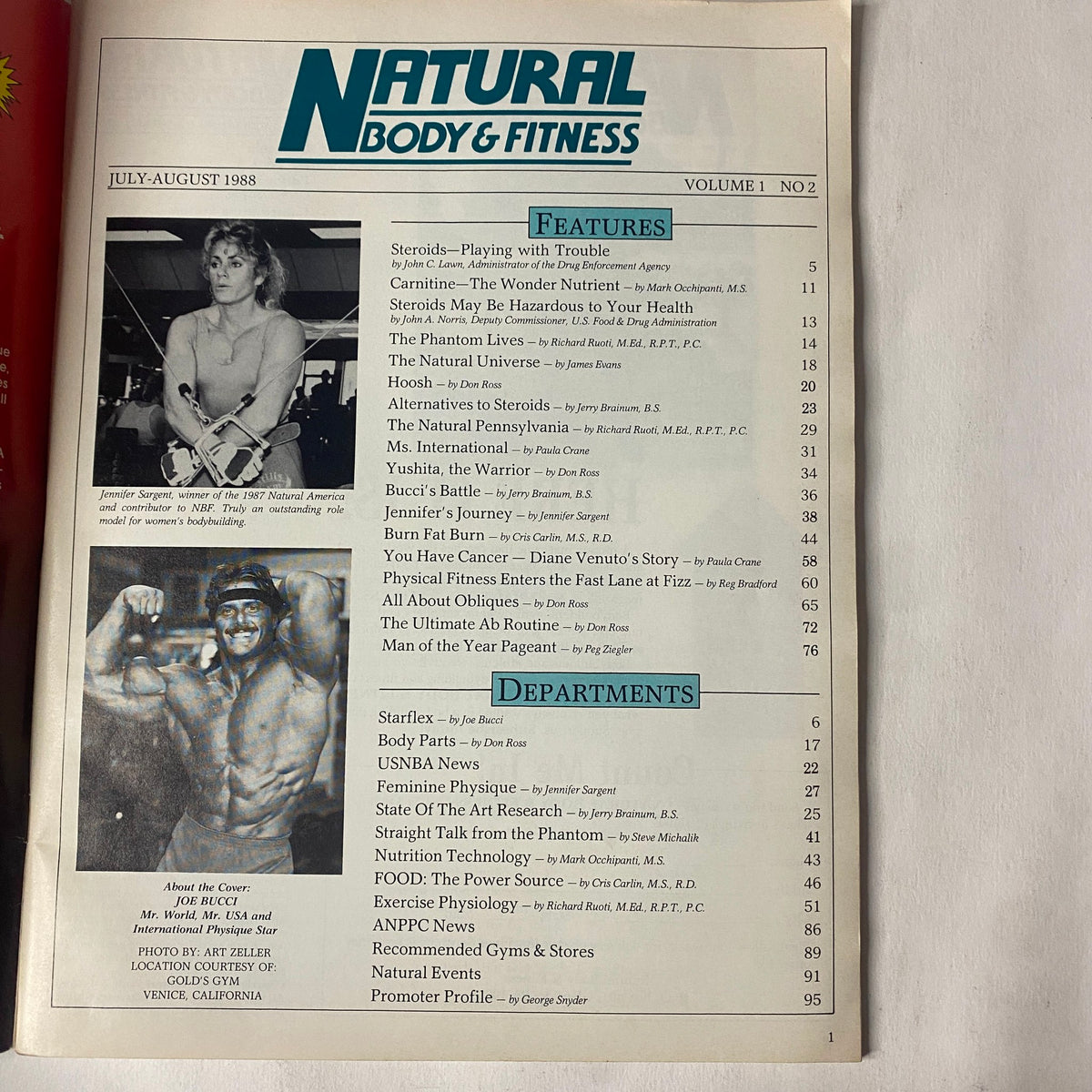 Table of contents for Natural Body & Fitness Magazine July 1988 Vol 1 No 2, listing feature articles and departments.