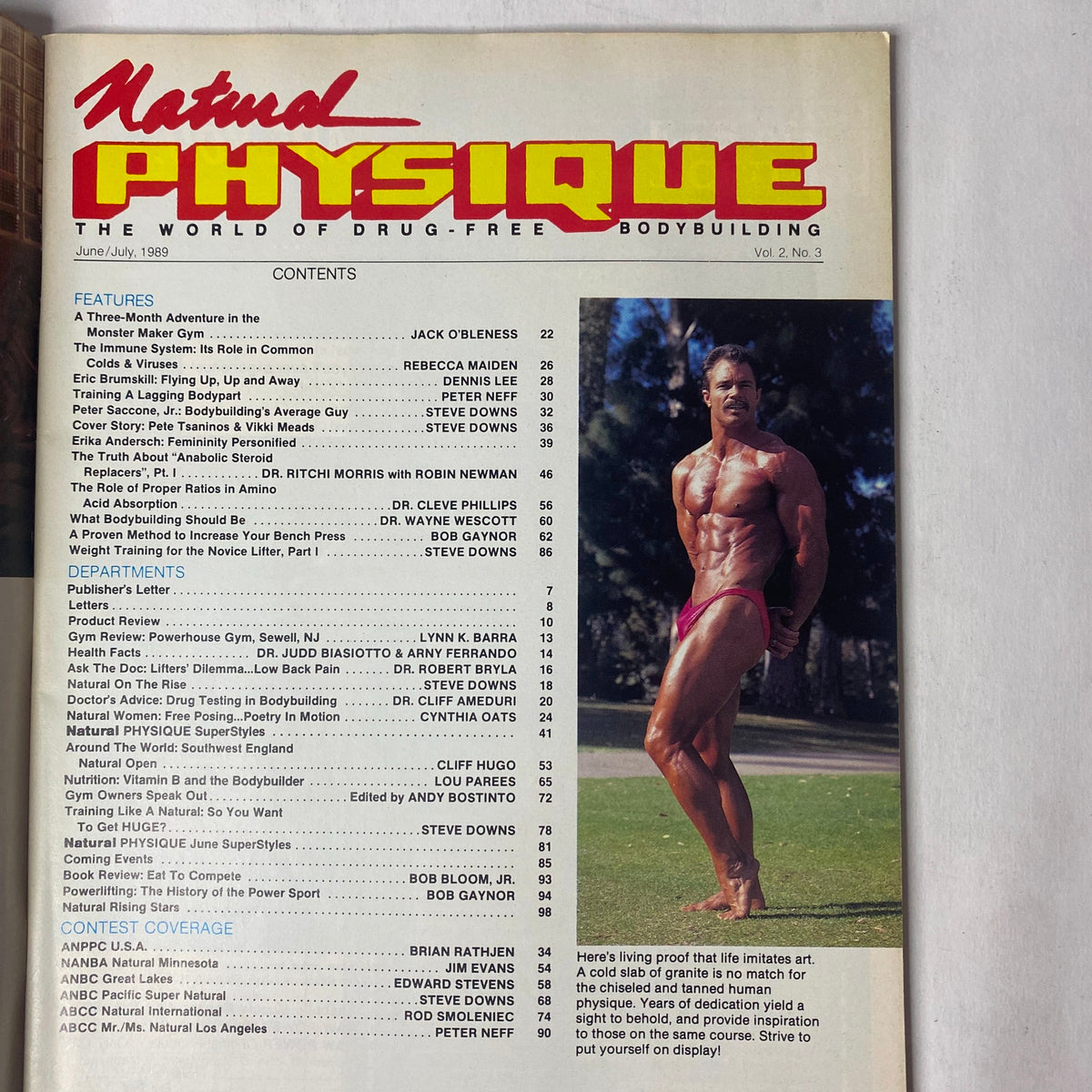 Table of contents for Natural Physique Magazine July 1989, highlighting articles and features including a three-month adventure in the Monster Maker Gym and immune system insights.