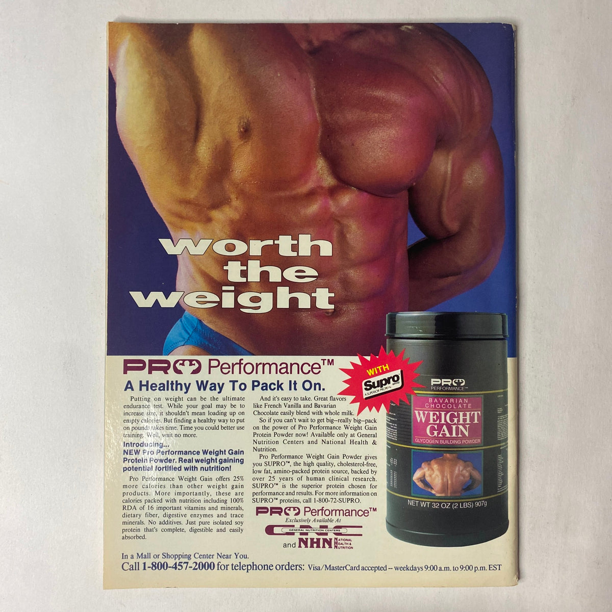Advert for PRO Performance weight gain supplement in Natural Physique Magazine July 1989 showcasing bodybuilding products.