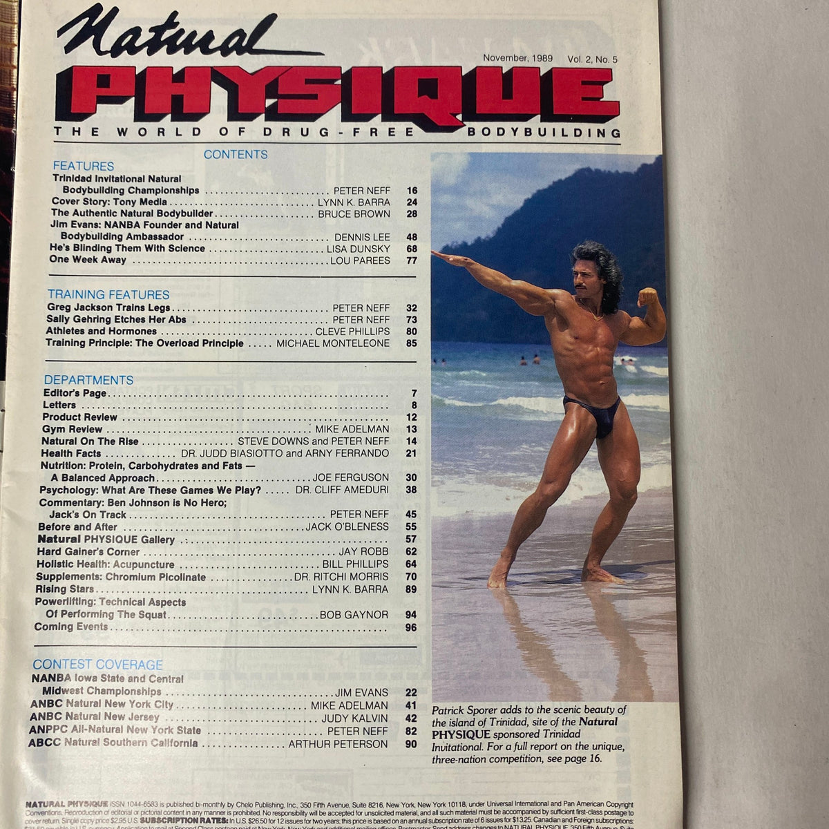 Natural Physique Magazine November 1989 Vol 2 No 5 back cover displaying the table of contents and featured articles about natural bodybuilding.