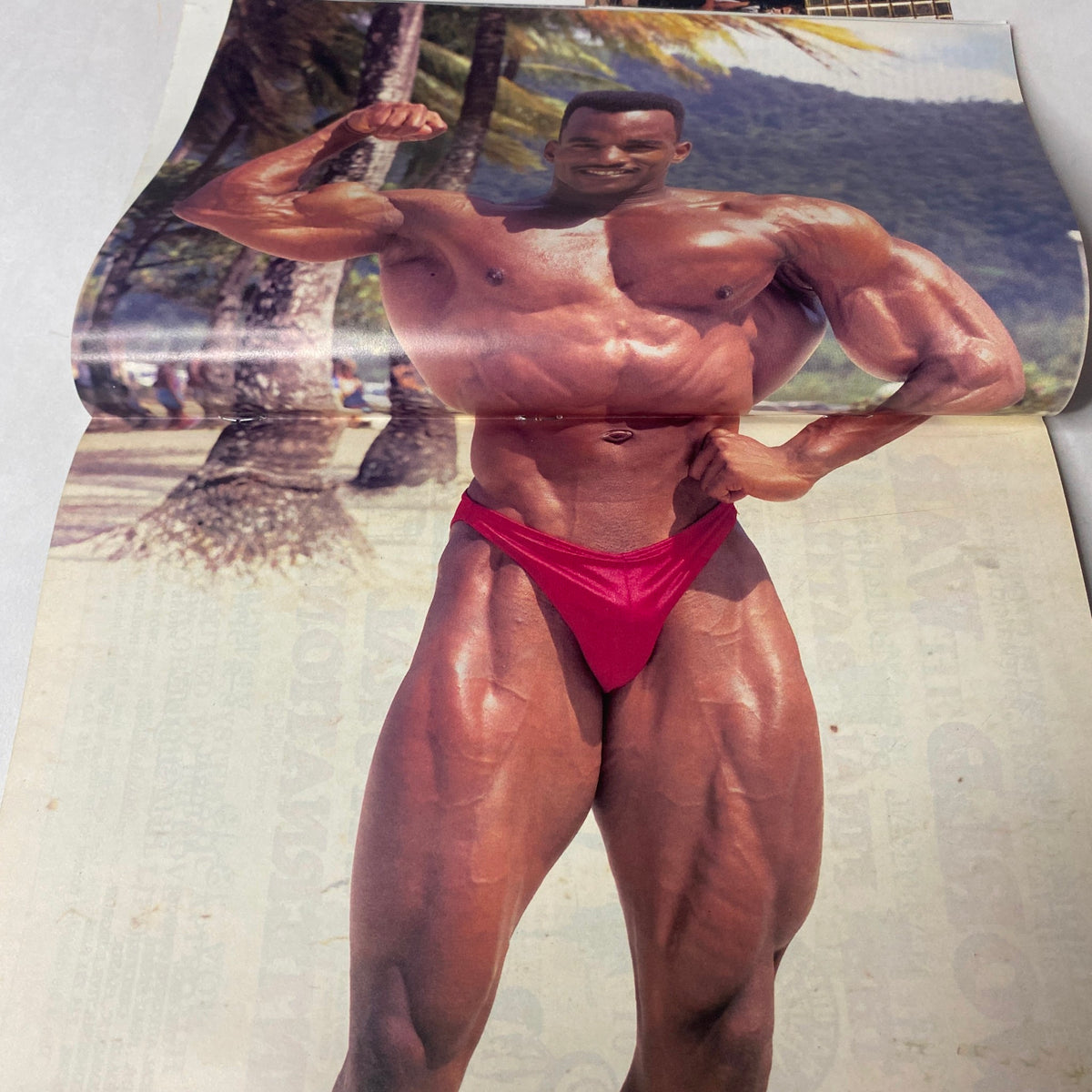 Natural Physique Magazine November 1989 Vol 2 No 5 centerfold of bodybuilder Tony Midea showcasing a muscular physique against a tropical backdrop.