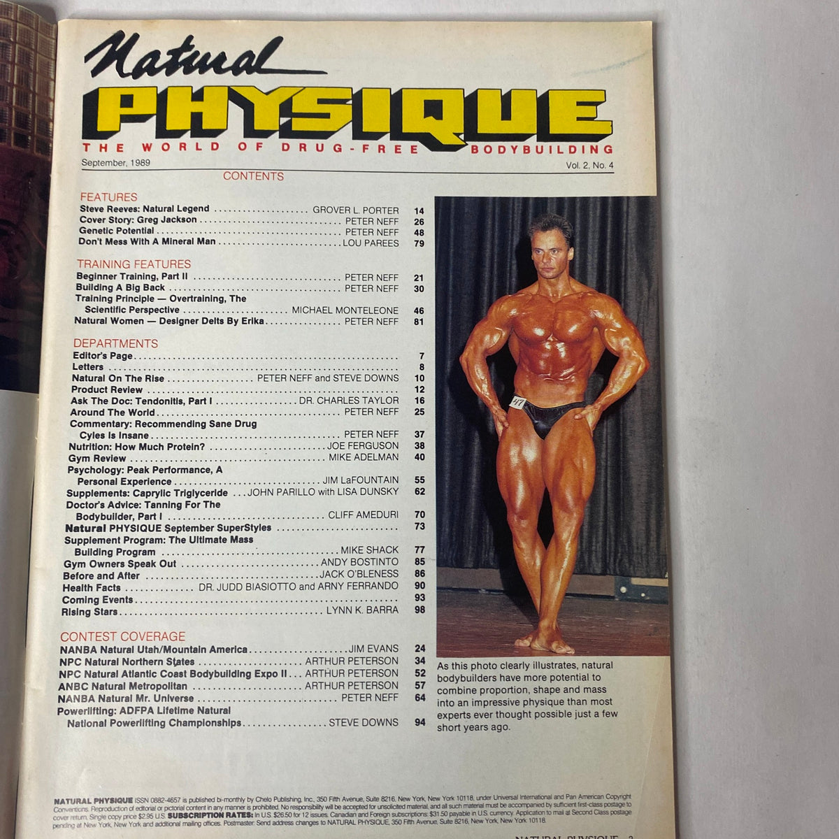 Table of contents of Natural Physique Magazine September 1989, detailing articles and features including Greg Jackson as the cover story.