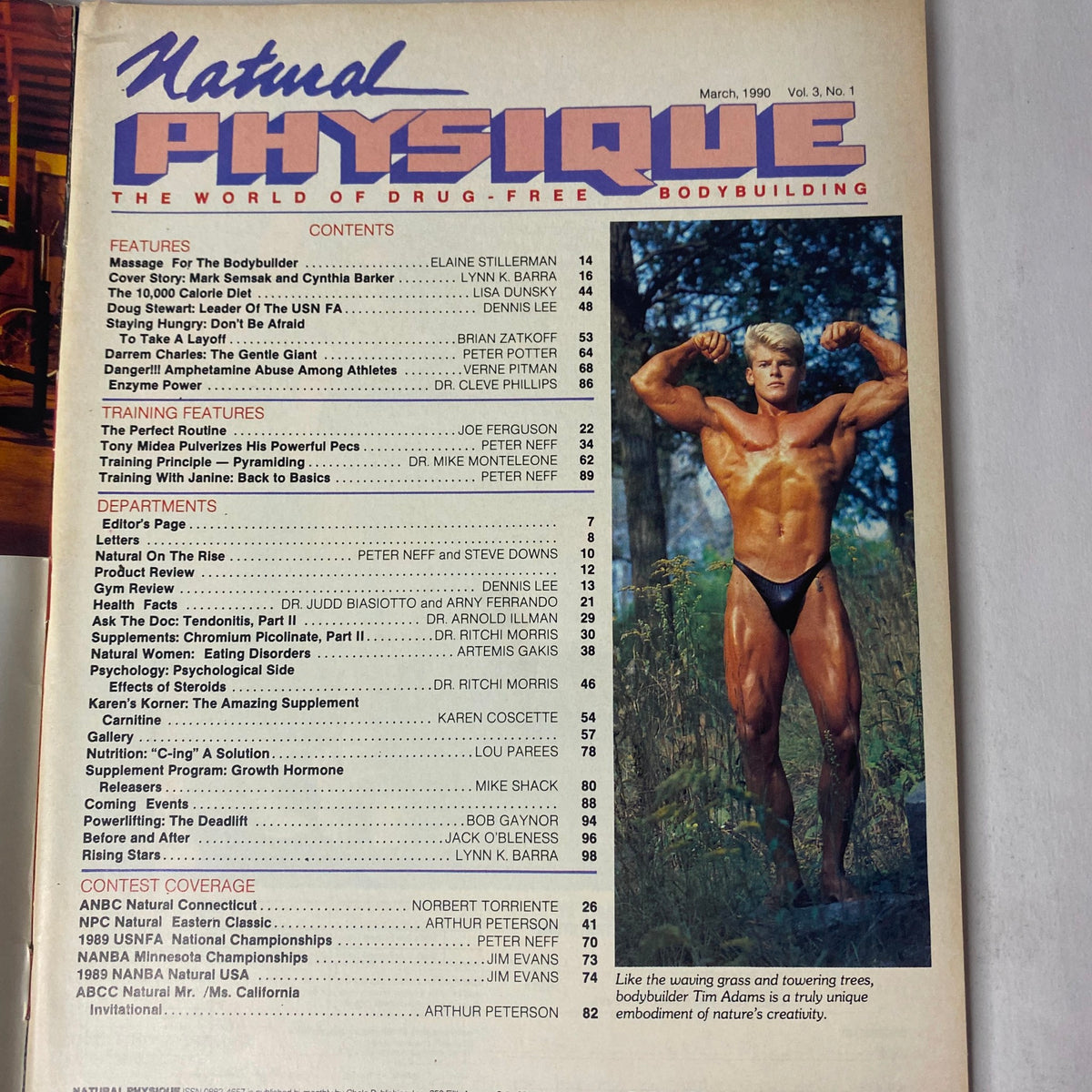 Table of Contents from Natural Physique Magazine March 1990 highlighting features such as massage therapy, diet plans, and competition coverage in natural bodybuilding.