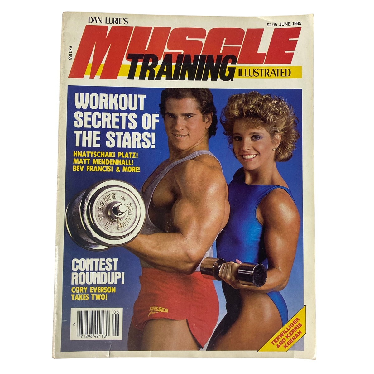 Muscle Training Illustrated June 1985 featuring Tom Terwilliger and Kerrie Keenan on the cover, highlighting bodybuilding secrets and workout techniques. Ideal collectible for fitness enthusiasts.