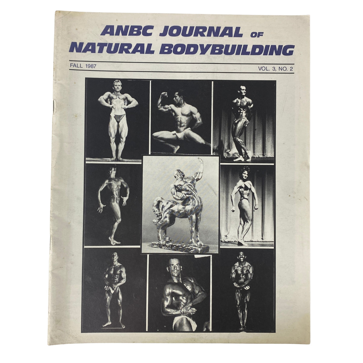Cover of ANBC Journal of Natural Bodybuilding Fall 1987 featuring black and white images of bodybuilders, including Tom Samokar and Eric Brumskill, showcasing various poses and competitions.