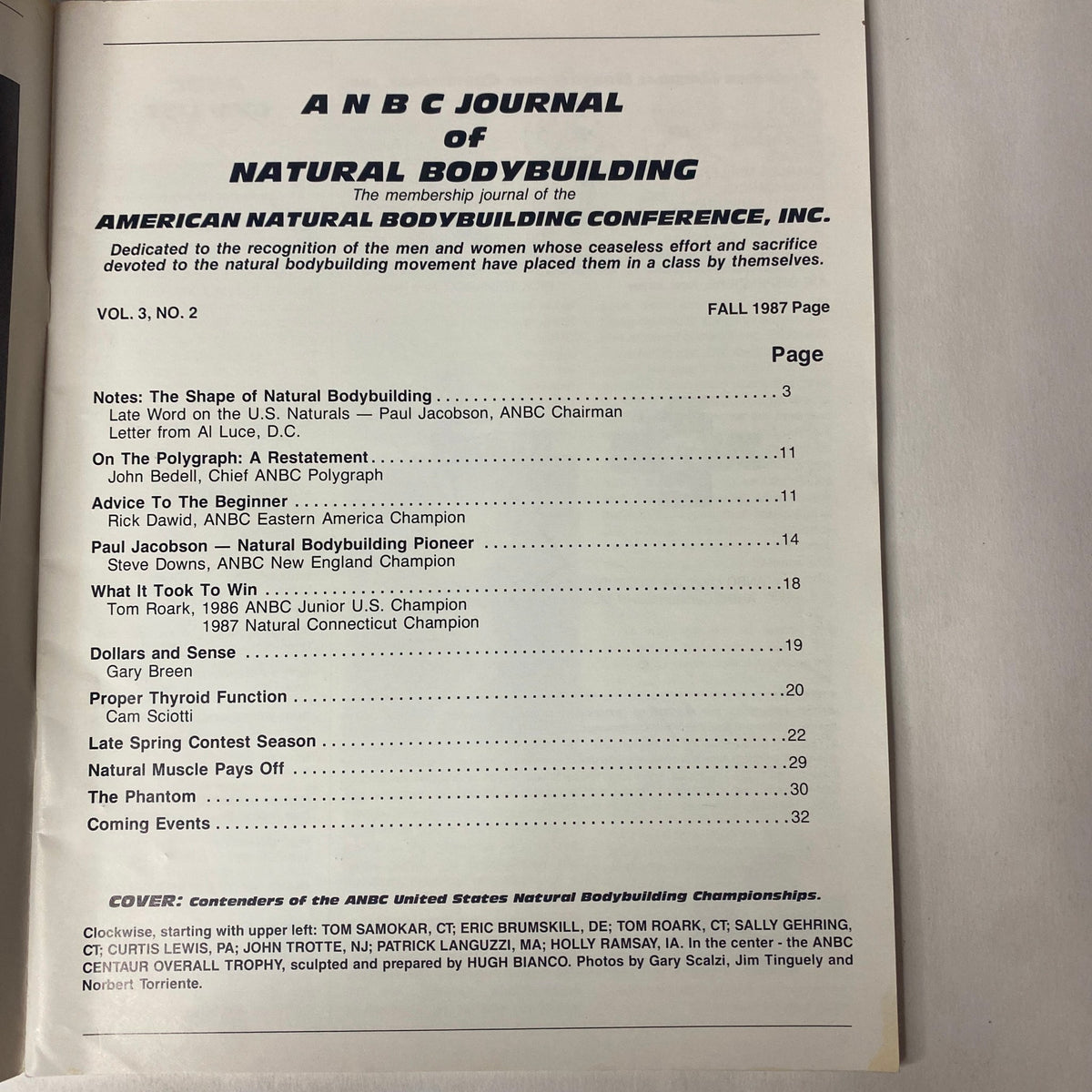 Cover page of ANBC Journal of Natural Bodybuilding, Fall 1987, featuring articles from Tom Samokar and Eric Brumskill with a table of contents listing various topics related to natural bodybuilding.