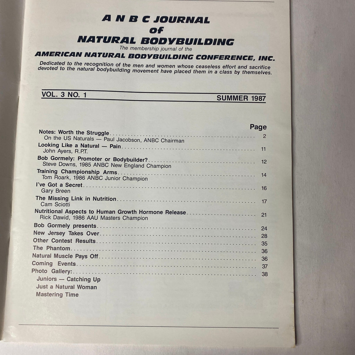 Table of contents for ANBC Journal of Natural Bodybuilding, Summer 1987, Vol 3 No 1, listing articles by various authors including Paul Jacobson and Tom Roark.