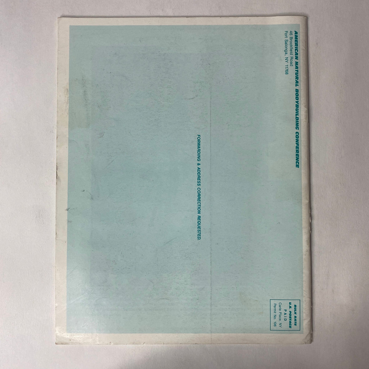 Back cover of ANBC Journal of Natural Bodybuilding, Summer 1987, Vol 3 No 1, featuring a plain design with a solid color background.