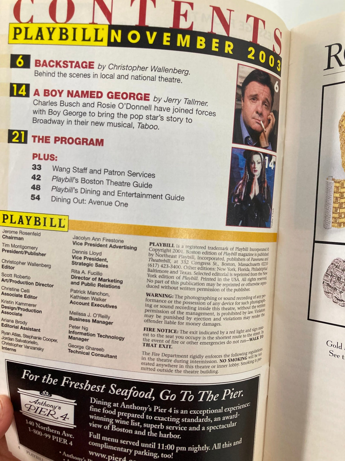 Contents page from the 2003 Playbill for Chicago at the Wang Theatre, detailing show specifics and additional features.