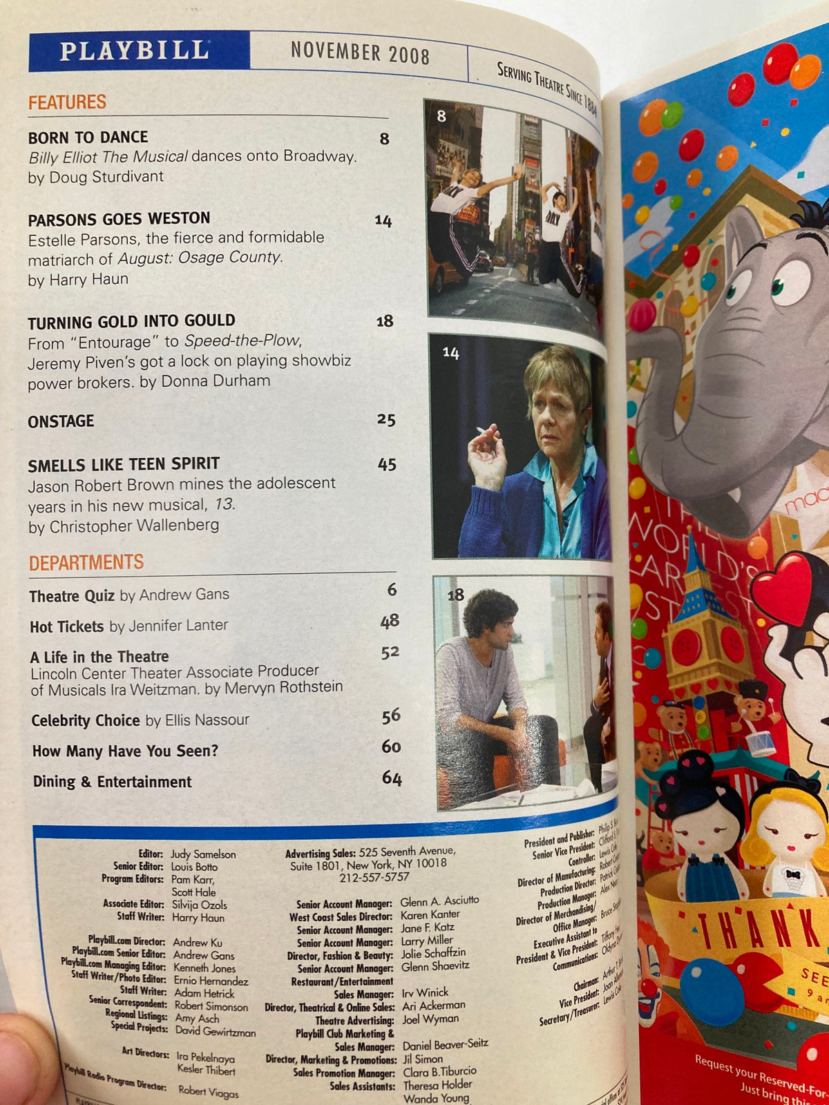 Inside page of the 2008 Playbill from Lincoln Center Theater for South Pacific, listing articles and features related to Broadway shows.