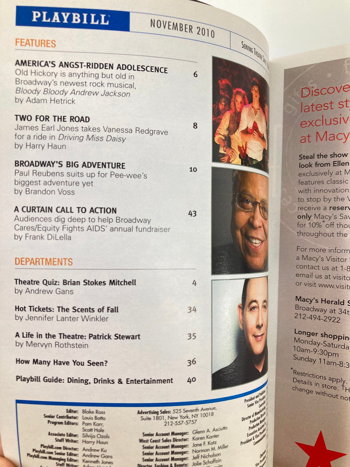 Inside page of the 2010 Playbill for La Bete, highlighting features and articles from the November issue.