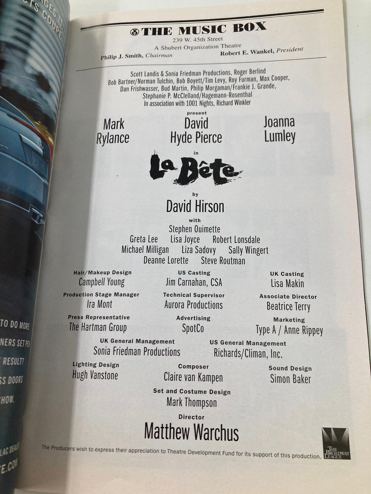 2010 Playbill for La Bete, featuring Mark Rylance and David Hyde Pierce, highlighting cast and production details from The Music Box theater.