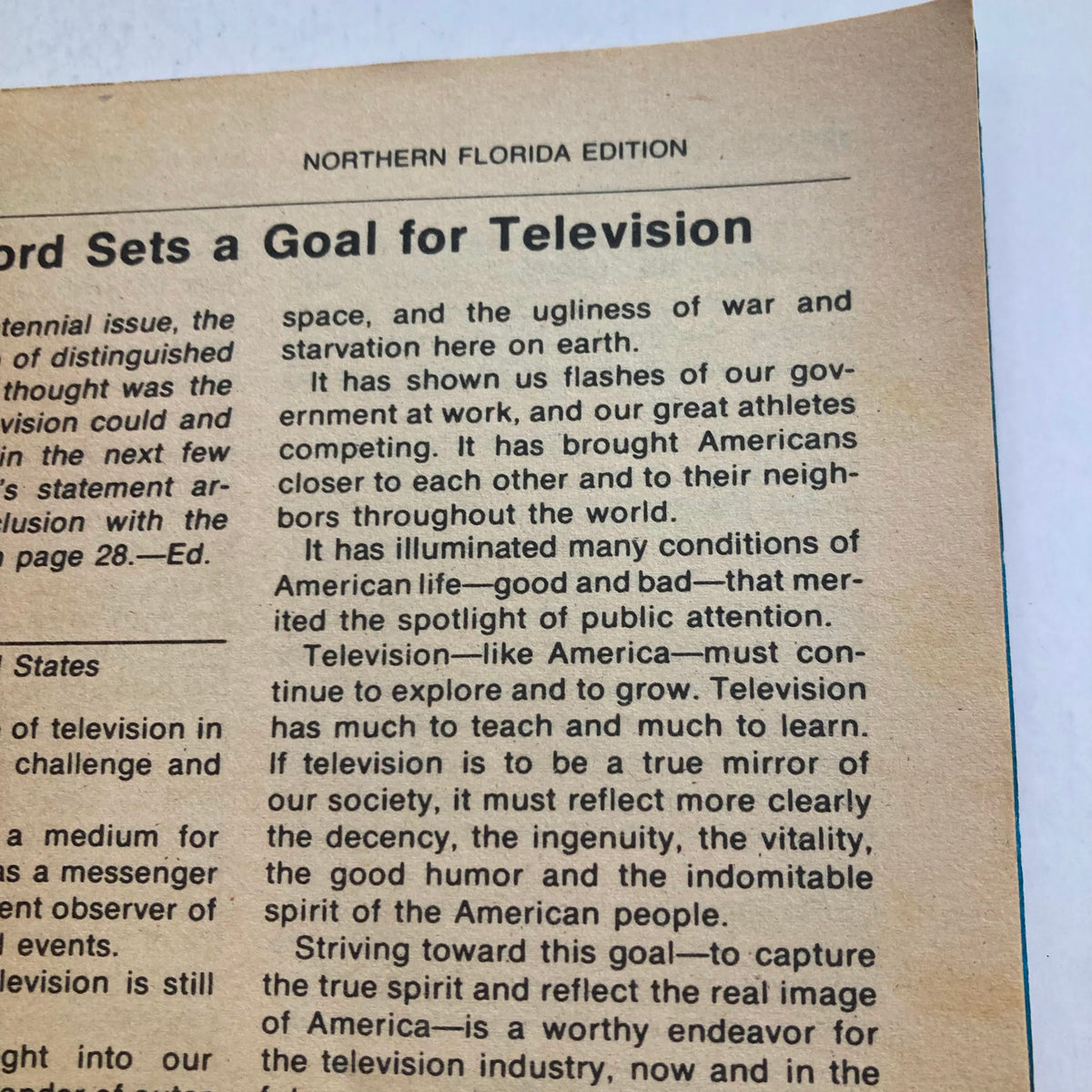 Article excerpt from the Northern Florida edition of TV Guide Magazine June 28, 1975 discussing television's role in American life during the bicentennial celebrations.
