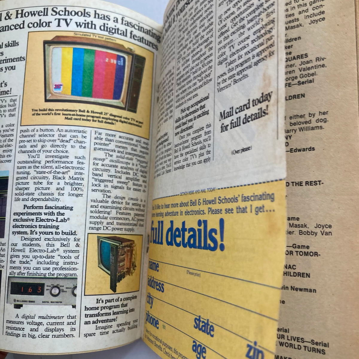 Inside spread of TV Guide Magazine June 28, 1975 Bicentennial Issue featuring advertisements for Bell & Howell schools and electronics training, showcasing a colorful simulated TV image and informative articles about television of the 1970s.