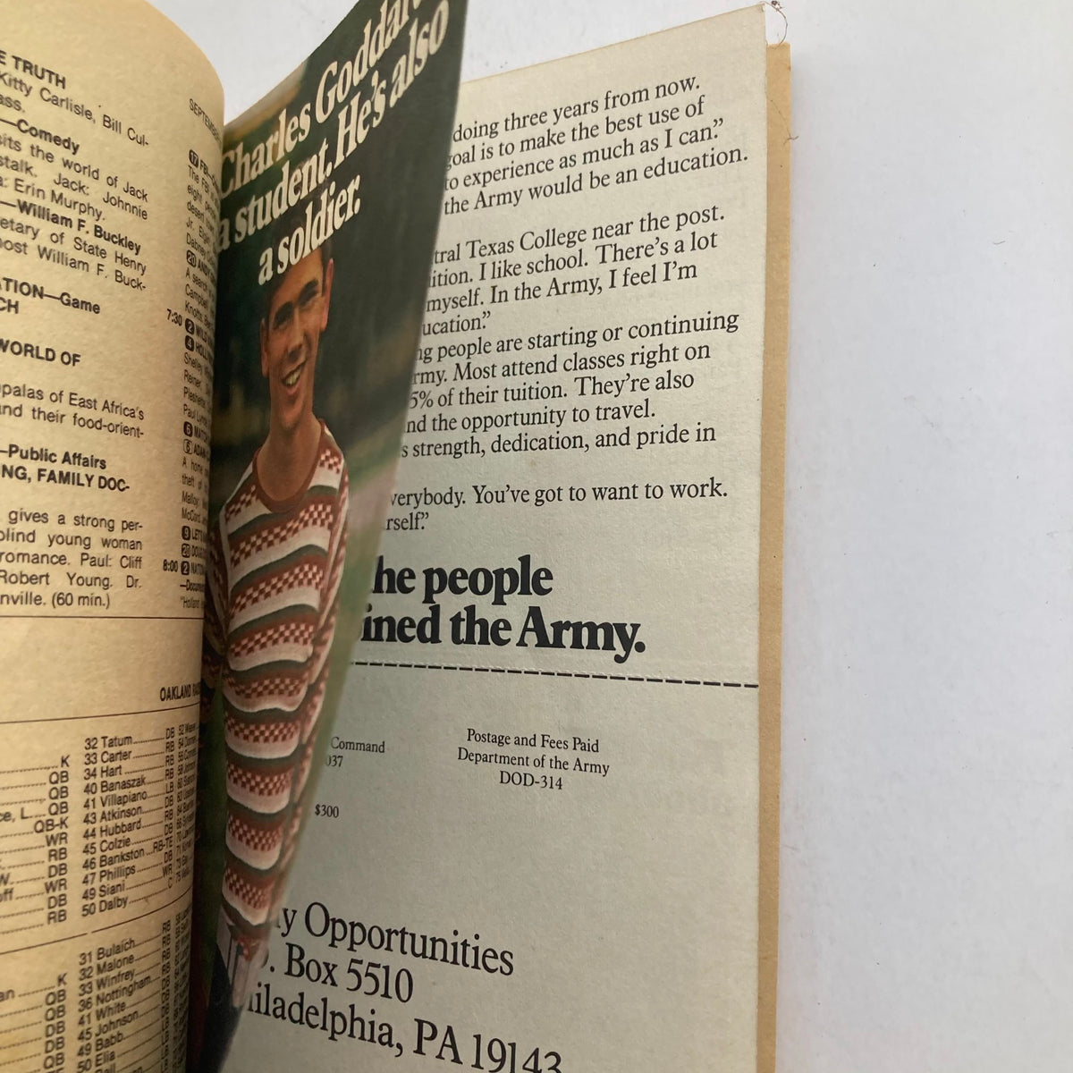 Another inside page of TV Guide Magazine September 20 1975, sampling military recruitment, featuring a young soldier named Charles Goddard.