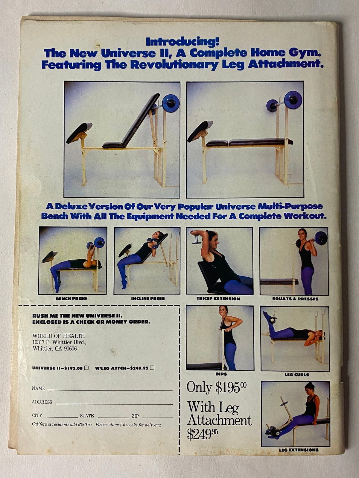 Back cover of Muscle Digest Magazine October 1979 promoting the New Universe II home gym workout equipment, including various exercise attachments.