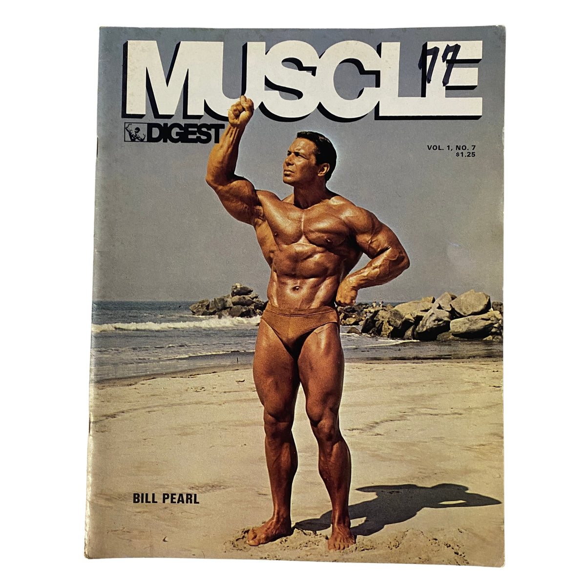 Cover of Muscle Digest Magazine 1977 Vol 1 No. 7 featuring bodybuilder Bill Pearl, showcasing his muscular physique on a beach.