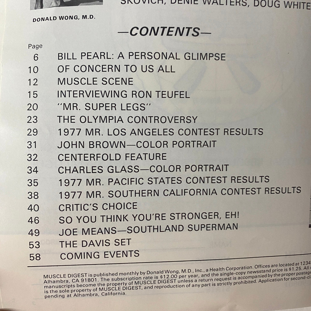 Table of contents from Muscle Digest Magazine 1977 Vol 1 No. 7, listing articles and features including Bill Pearl's personal glimpse and contest results.