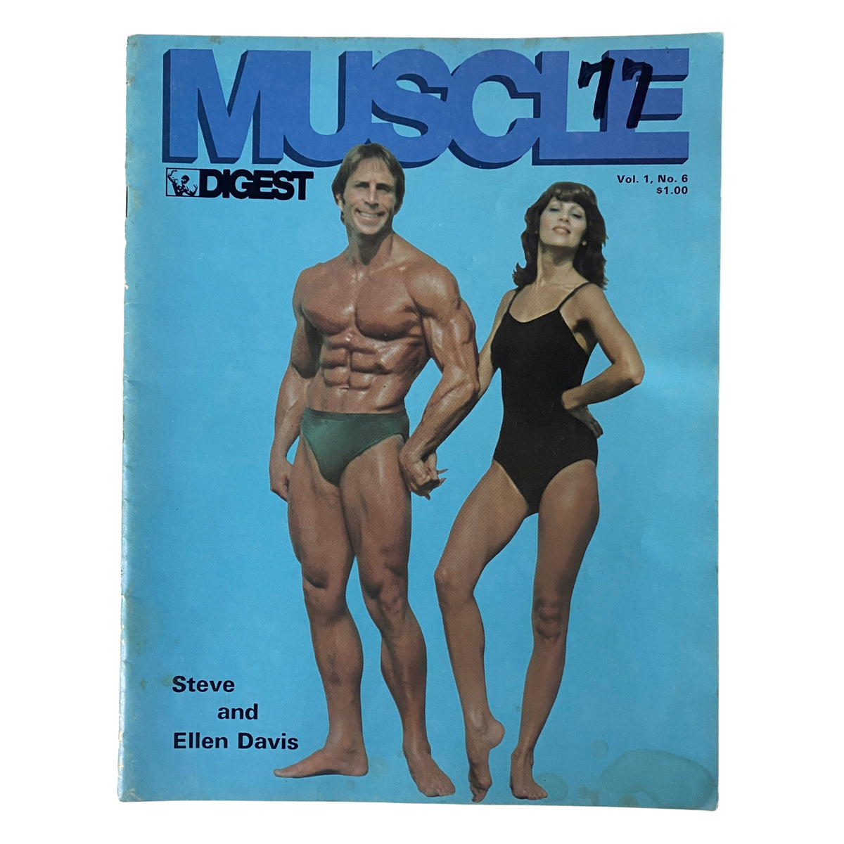 Cover of Muscle Digest Magazine 1977 Vol 1 No. 6 featuring bodybuilders Steve Davis and Ellen Davis, showcasing vintage bodybuilding culture.
