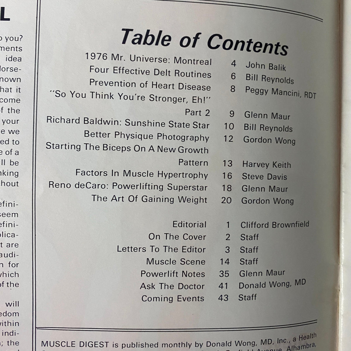 Table of Contents from Muscle Digest Magazine 1977 Vol 1 No. 6, listing articles and topics including Mr. Universe and muscle hypertrophy.