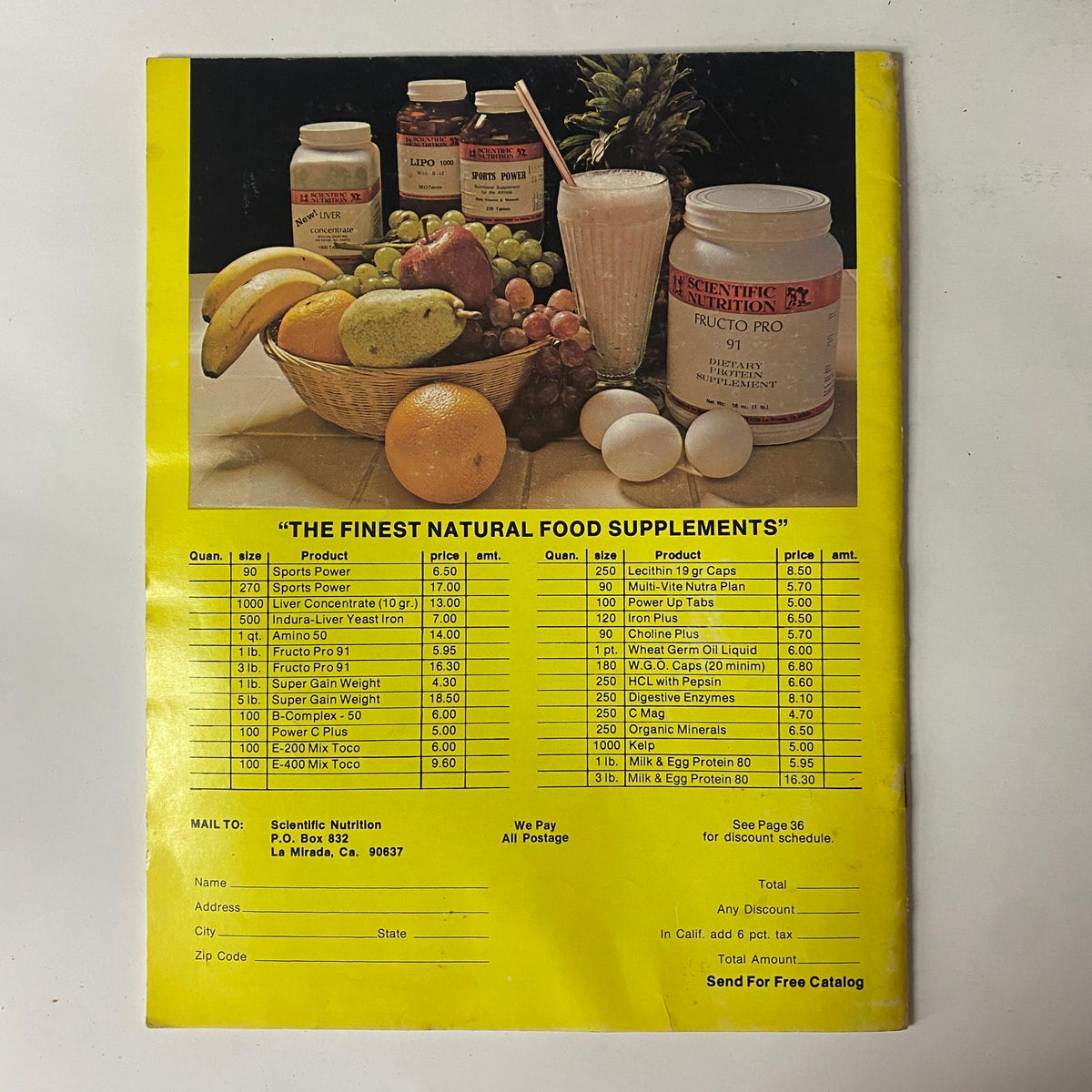 Back cover of Muscle Digest Magazine 1977 Vol 1 No. 6 displaying a promotional layout for scientific nutrition products, including fruits and supplements.