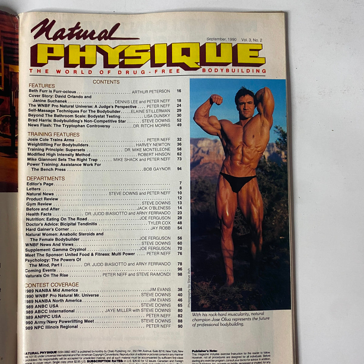 Table of contents from Natural Physique Magazine September 1990, highlighting features and articles on bodybuilding training, insights, and news in the fitness industry.