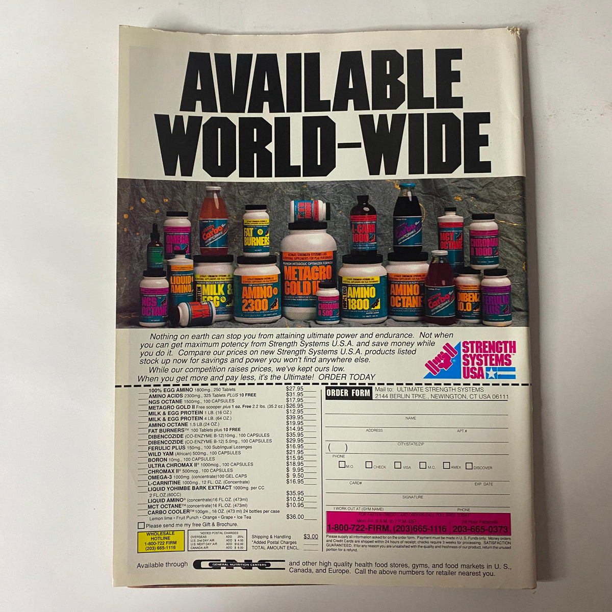 Back cover of Natural Physique Magazine September 1990 featuring a colorful advertisement for dietary supplements and fitness products, showcasing various bottles with vibrant labels. Ideal for fans of natural bodybuilding and vintage fitness magazines.