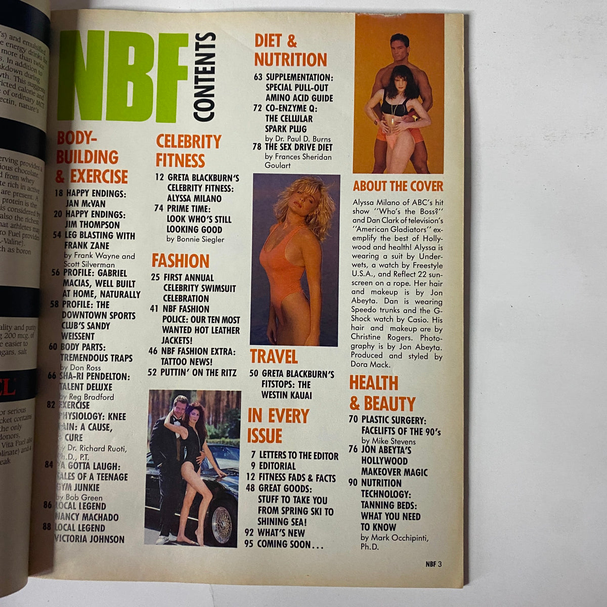 Table of Contents from Natural Body Fitness Magazine March 1990, including sections on Bodybuilding, Celebrity Fitness, and Diet & Nutrition.