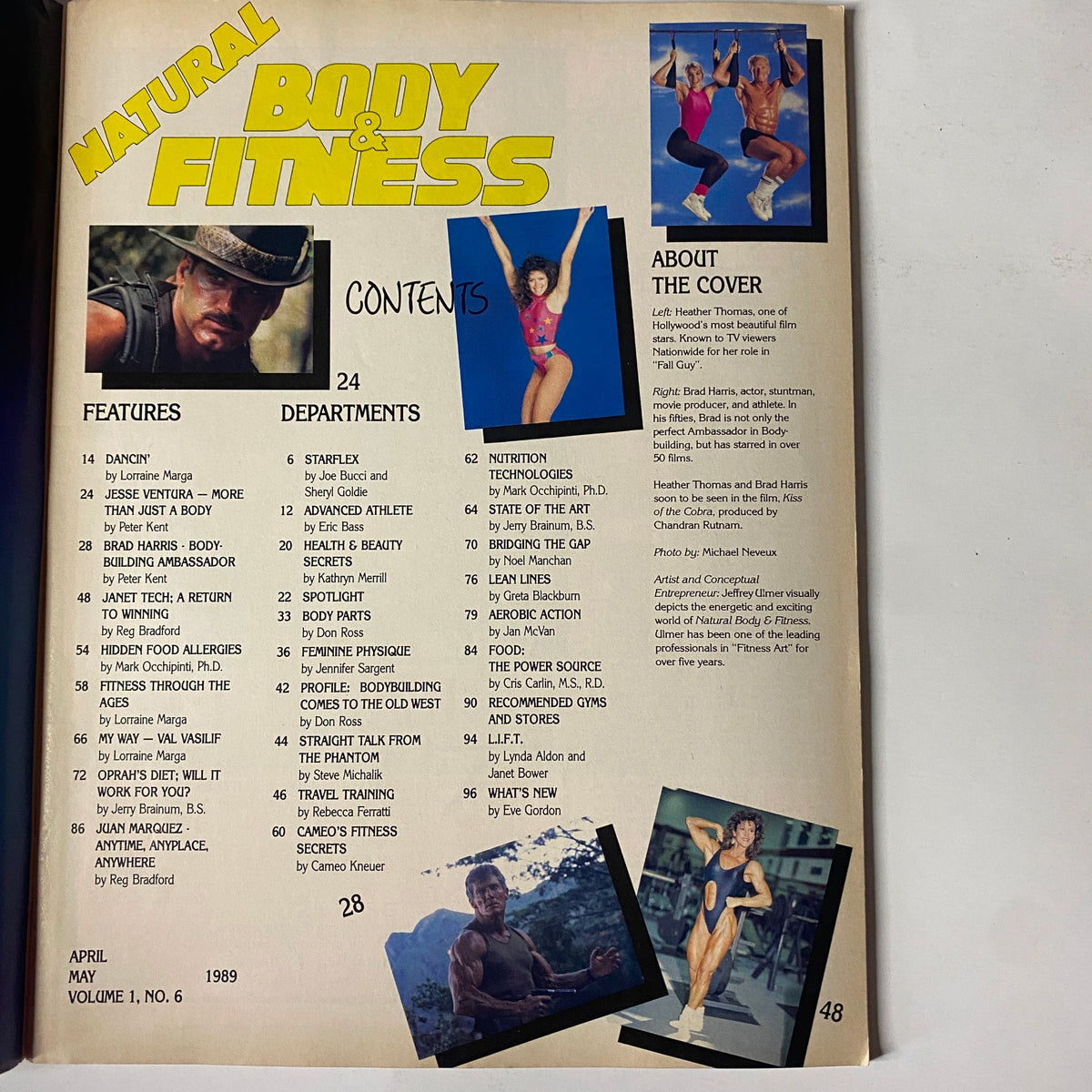 Table of contents for Natural Body & Fitness Magazine May 1989, listing features and departments including articles on Jesse Ventura, bodybuilding, and fitness secrets.