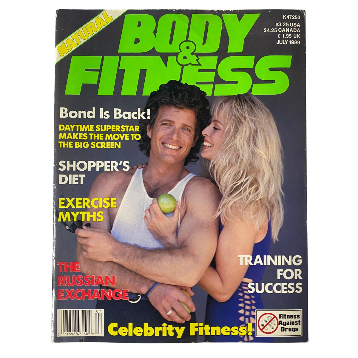 Natural Body & Fitness Magazine cover from July 1989, Vol. 2 No. 1 featuring Steve Bond and his wife Cindy, highlighting fitness tips and exercise myths.