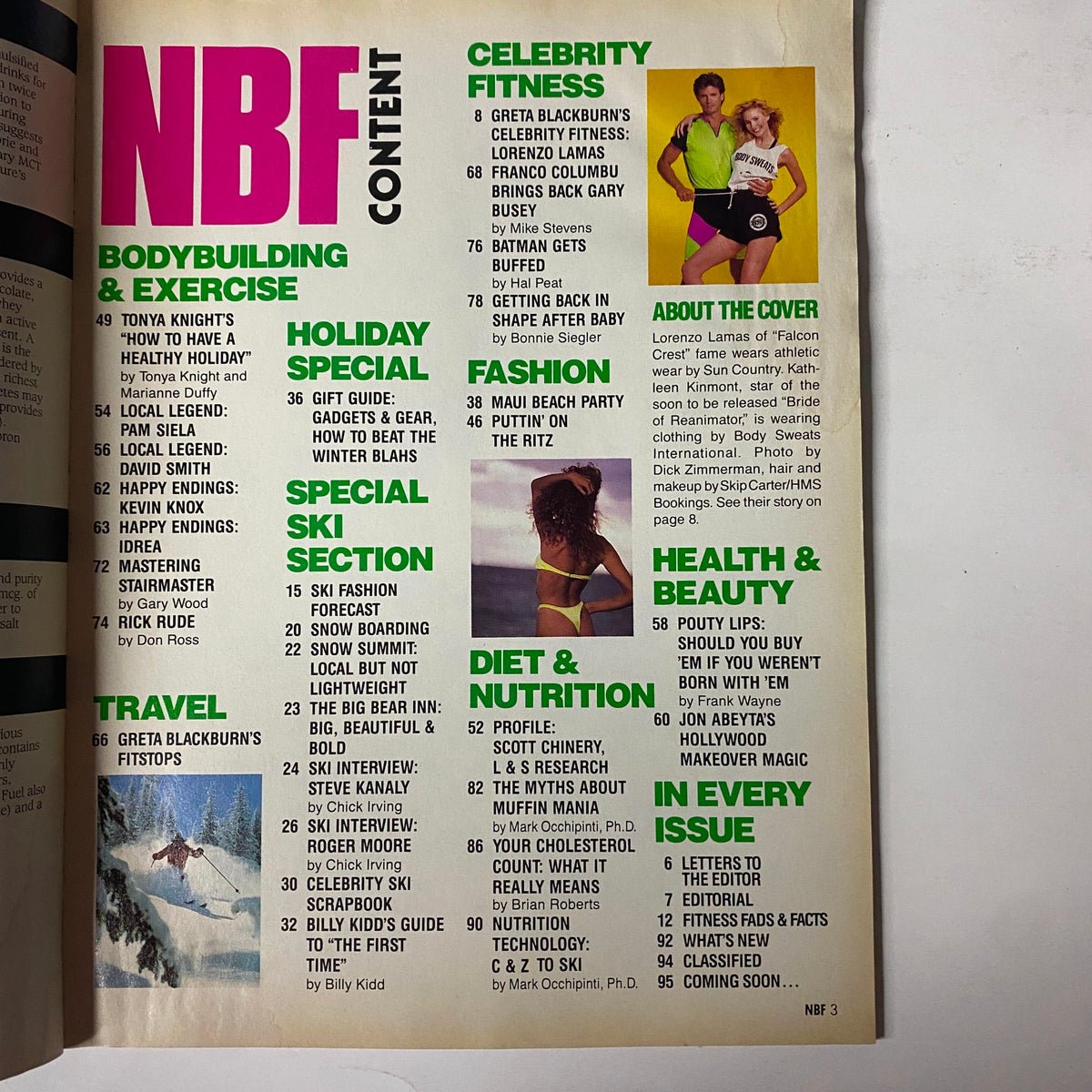 Interior page of Natural Body Fitness Magazine January 1990 showcasing the table of contents, including features on bodybuilding, holiday special, fashion, diet, and celebrity fitness.