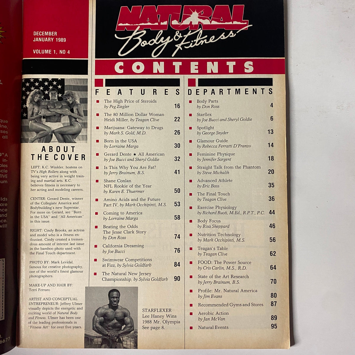 Table of contents from Natural Body & Fitness Magazine January 1989, featuring articles on bodybuilding, steroid use, and fitness culture, highlighting contributors such as Don Ross and Teagan Clive.