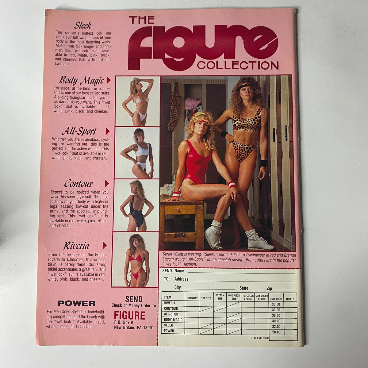 Advertisement page from Natural Body & Fitness Magazine January 1989, displaying the Figure Collection featuring models in swimwear, showcasing styles like All-Sport and Body Magic.