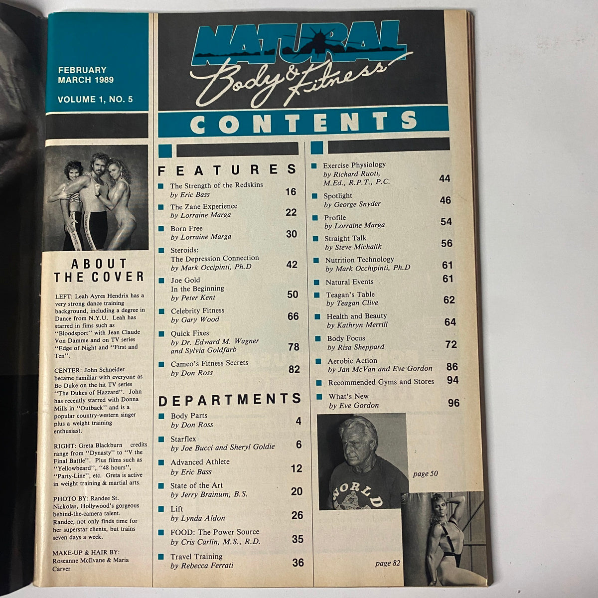 Table of contents from Natural Body & Fitness Magazine March 1989, detailing features on fitness articles and contributors.