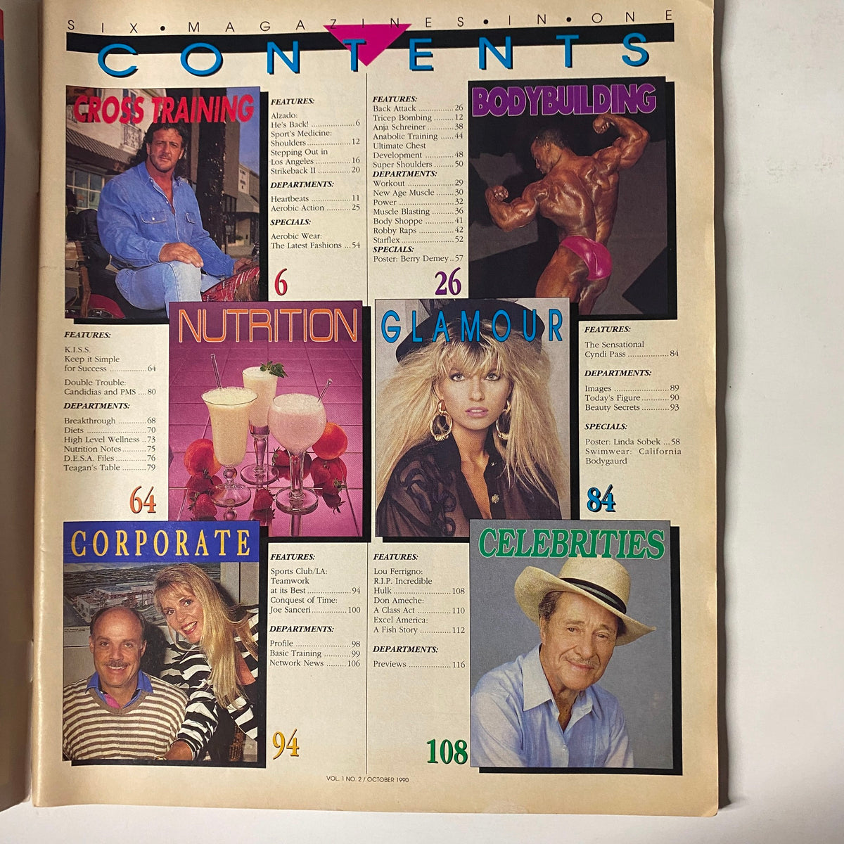 Table of contents of Super Fitness Excel Magazine, October 1990, Vol 1 No 2, presenting various sections including Cross Training, Bodybuilding, Nutrition, and Glamour.