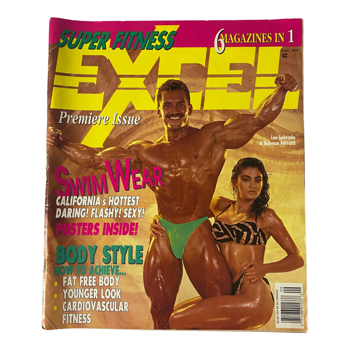 Cover of Super Fitness Excel Magazine September 1990 Vol 1 No. 1 featuring Lee Labrada and Rebecca Ferratti in swimwear, highlighting fitness culture with exclusive content and posters.