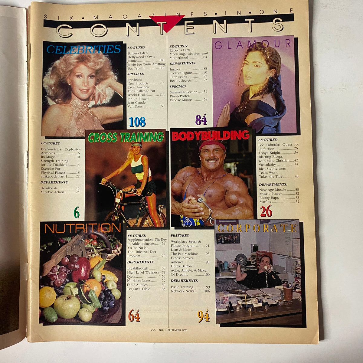 Contents page of Super Fitness Excel Magazine September 1990 Vol 1 No. 1, showcasing articles on celebrities, bodybuilding, nutrition, and corporate wellness.