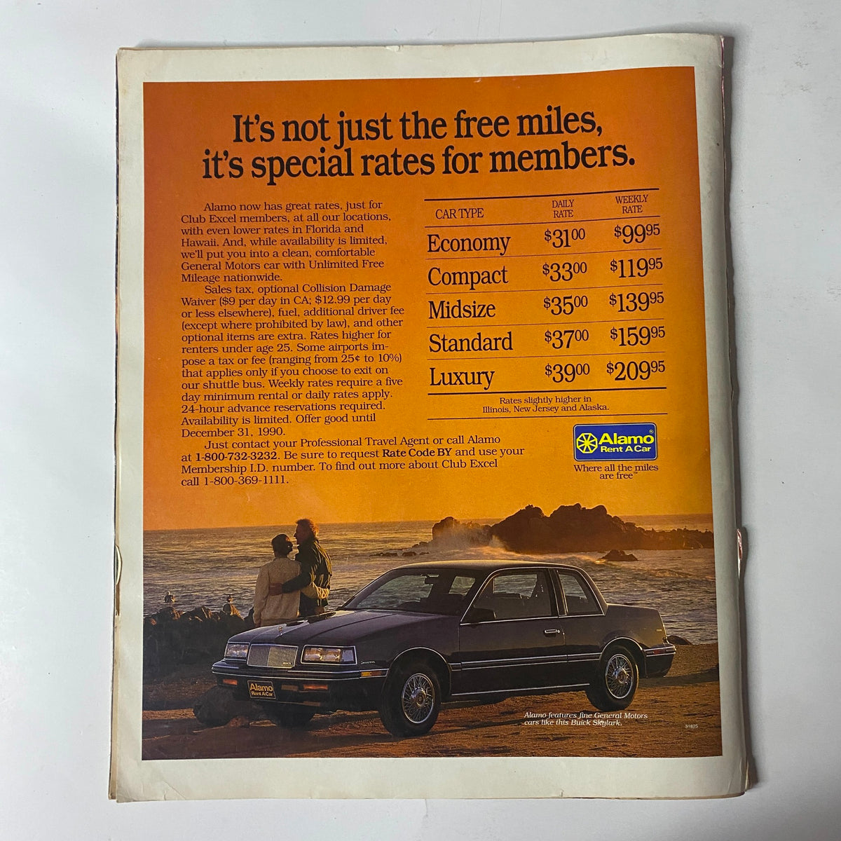 Advertisement for Alamo car rentals, promoting special rates for club members with a focus on economy and luxury car options, featured in the Super Fitness Excel Magazine September 1990 Vol 1 No. 1 Lee Labrada.