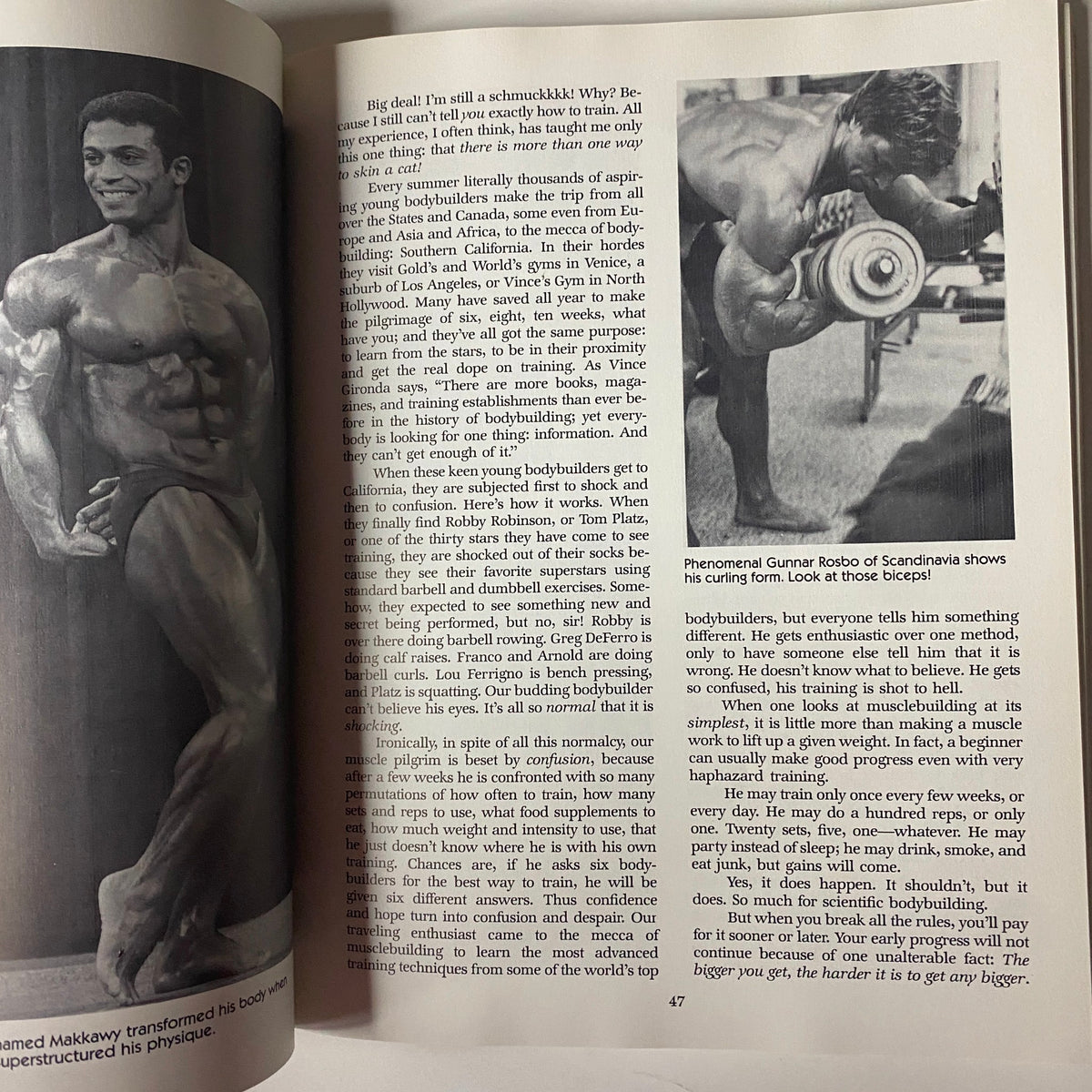 Interior page of 'Beef It! Upping The Muscle Mass' by Robert Kennedy showcasing bodybuilding techniques and training tips, including a photo of a bodybuilder in action.