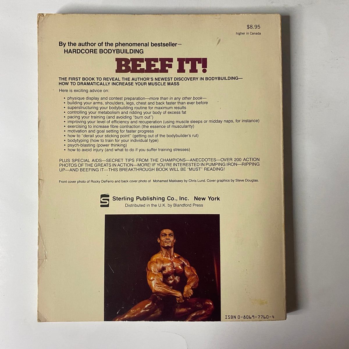 Back cover of 'Beef It! Upping The Muscle Mass' by Robert Kennedy featuring promotional details and illustrations related to bodybuilding, along with the book's price.