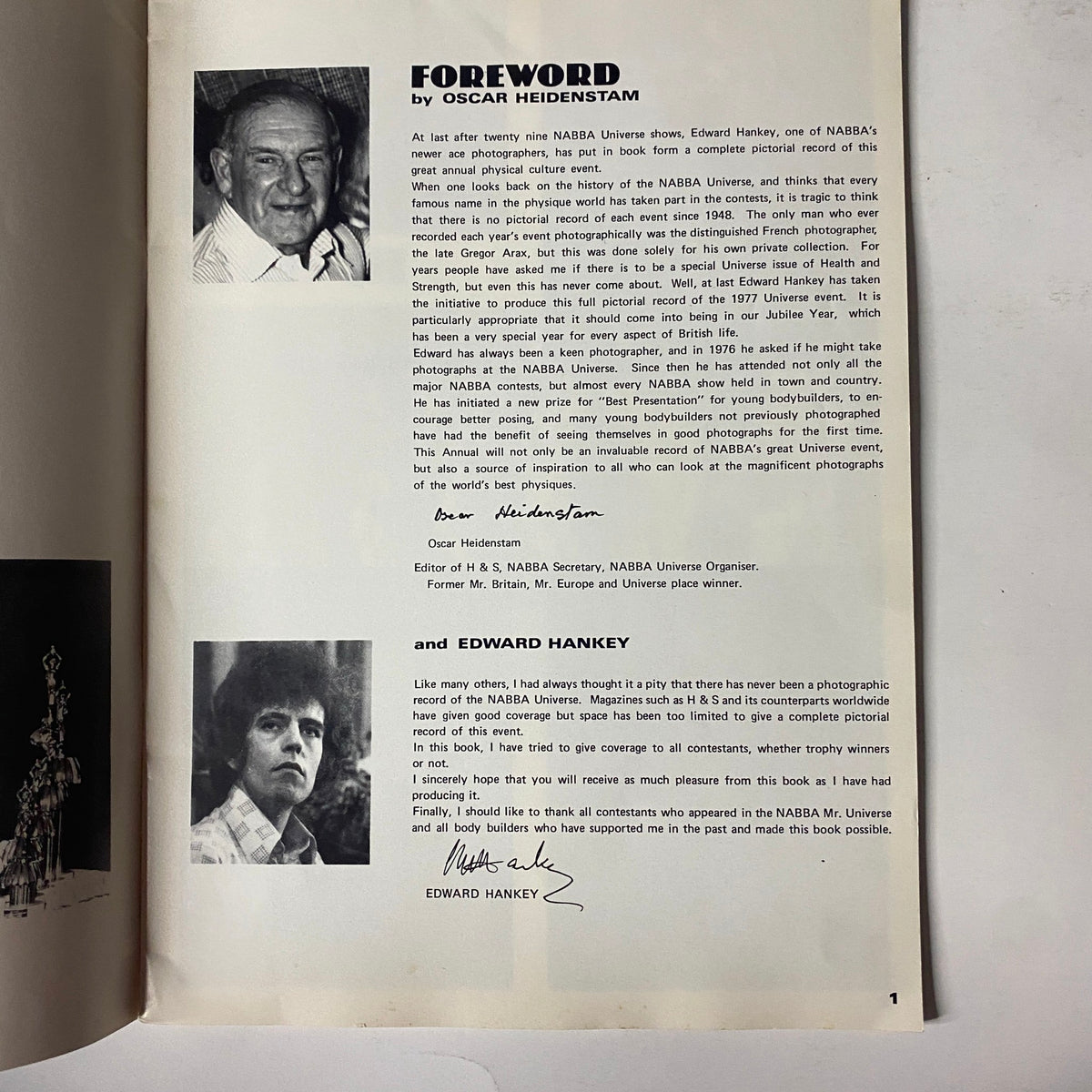 Foreword page of the 1977 NABBA Mr. Universe program by Edward Hankey, including images and signatures of Edward Hankey and Oscar Heidenstam.