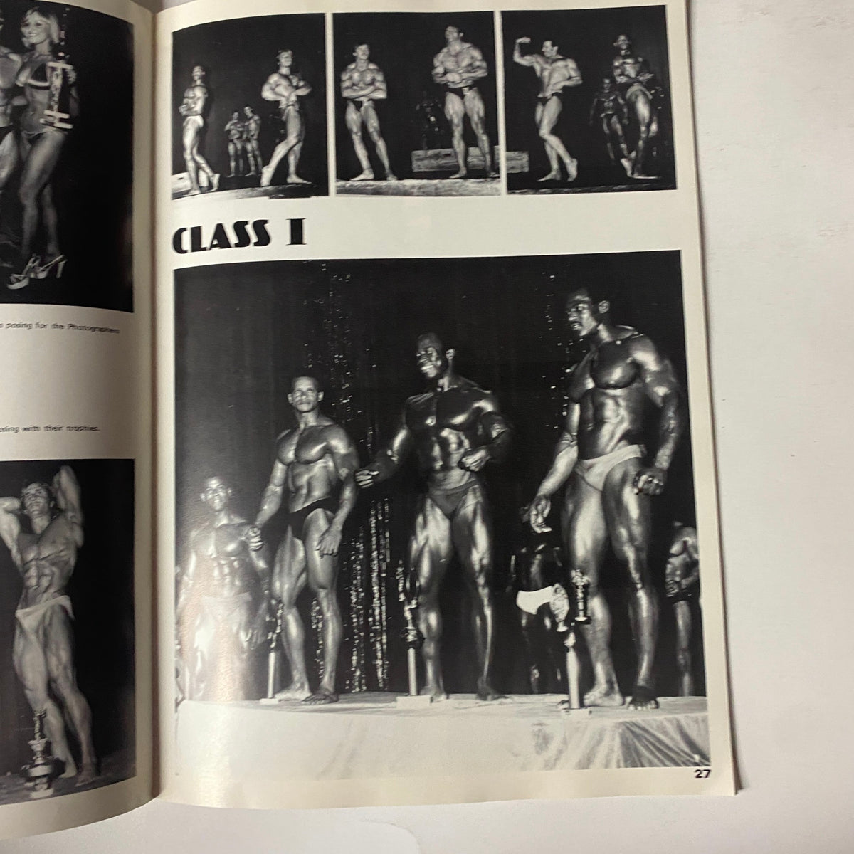1977 NABBA Mr. Universe by Edward Hankey displaying competitors in Class I posing on stage, emphasizing the artistry and strength of bodybuilders.